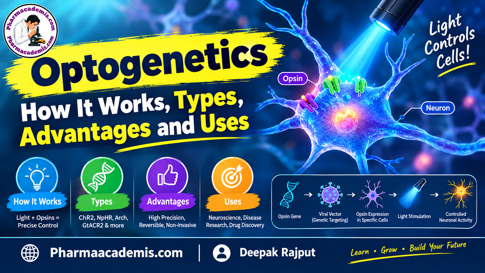 Optogenetics mechanism showing opsin gene, light stimulation and neuronal response